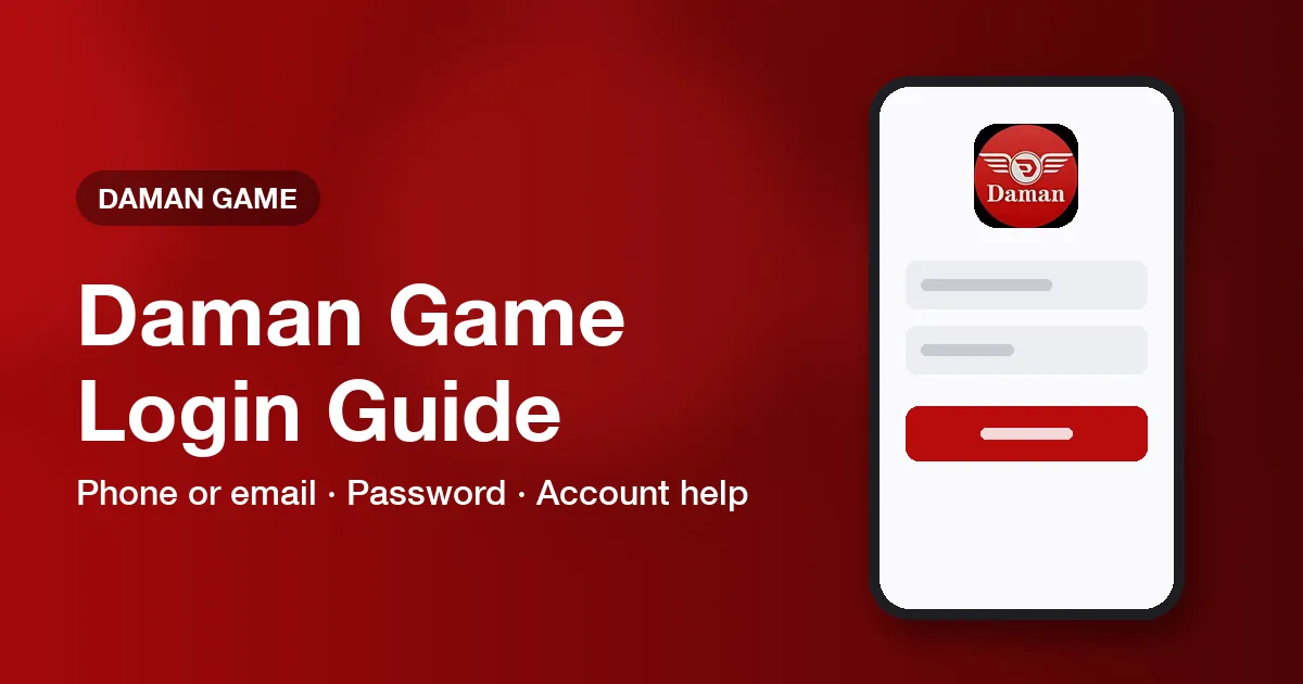 Banner titled Daman Game Login Guide listing the phone, email and password topics covered